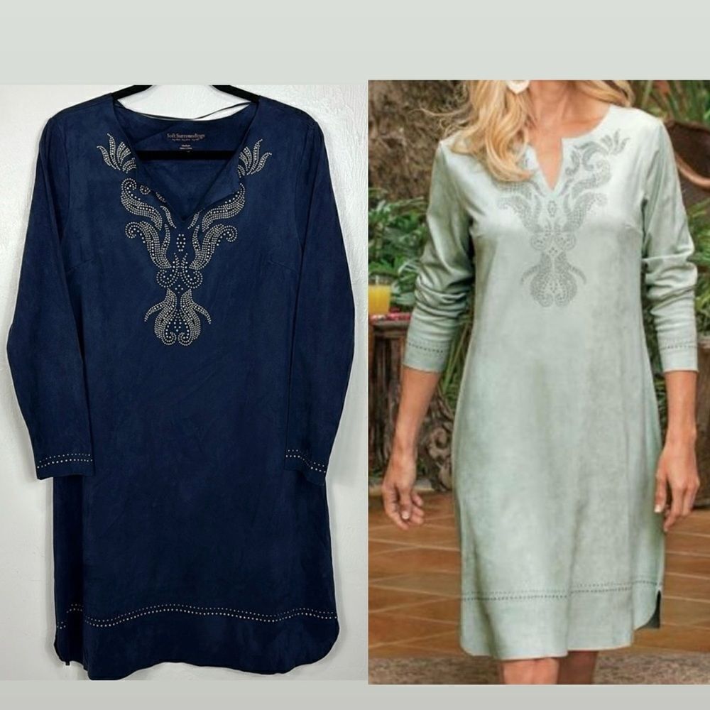 Soft Surroundings Ambrosia Faux Suede Studded Dress In Blue Size M